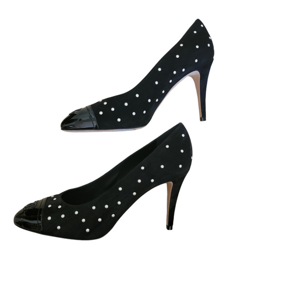 Chanel Black Suede Leather CC Logo Cap Toe High Heels Pearl Pumps 8 38.5 G33423 - Picture 10 of 14